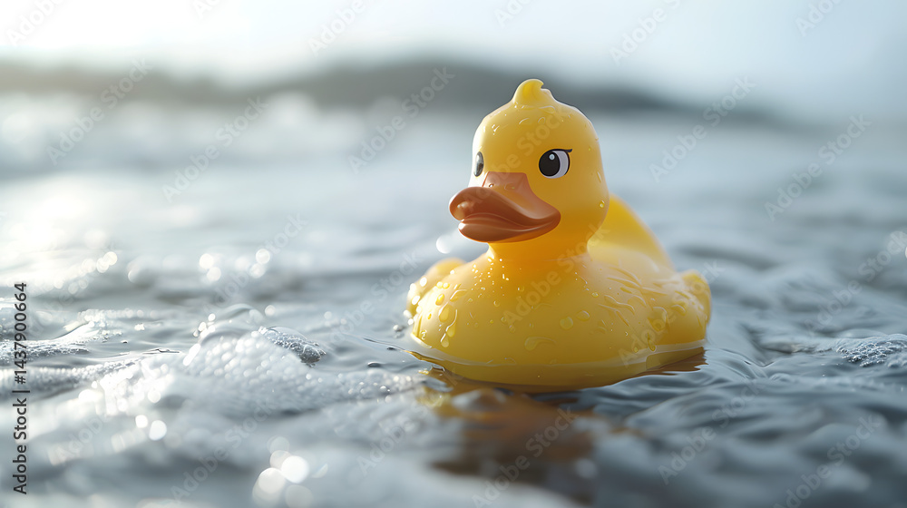 Yellow Rubber Duck Toy Floating on Water with Splashing Droplets Yellow Rubber Duck Toy Floating on Water with Splashing Droplets