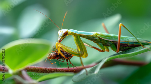 Wallpaper Mural A close-up of a Praying Mantis feeding on an insect, its front legs grasping tightly onto its prey. The green foliage in the background contrasts against the vivid details of the insect's body. Torontodigital.ca