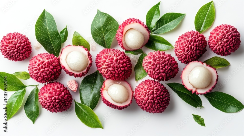 Fresh Lychee Fruits with Green Leaves Displayed on a White Background for Culinary and Health Purposes Fresh Lychee Fruits with Green Leaves Displayed on a White Background for Culinary and Health Purposes
