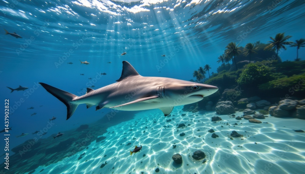 Fototapeta premium Underwater scene of a shark gracefully swimming near a tropical island, showcasing marine beauty and oceanic wonder.