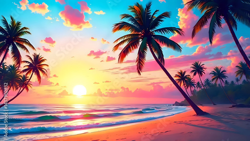 Colorful Tropical Sunset on the Beach, Bright Sky with Shades of Pink, Orange and Blue, Tall Curved Palm Trees in the Foreground, Calm Ocean Waves, Sun Reflection on the Water