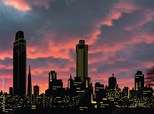 modern city panorama at pink sunset