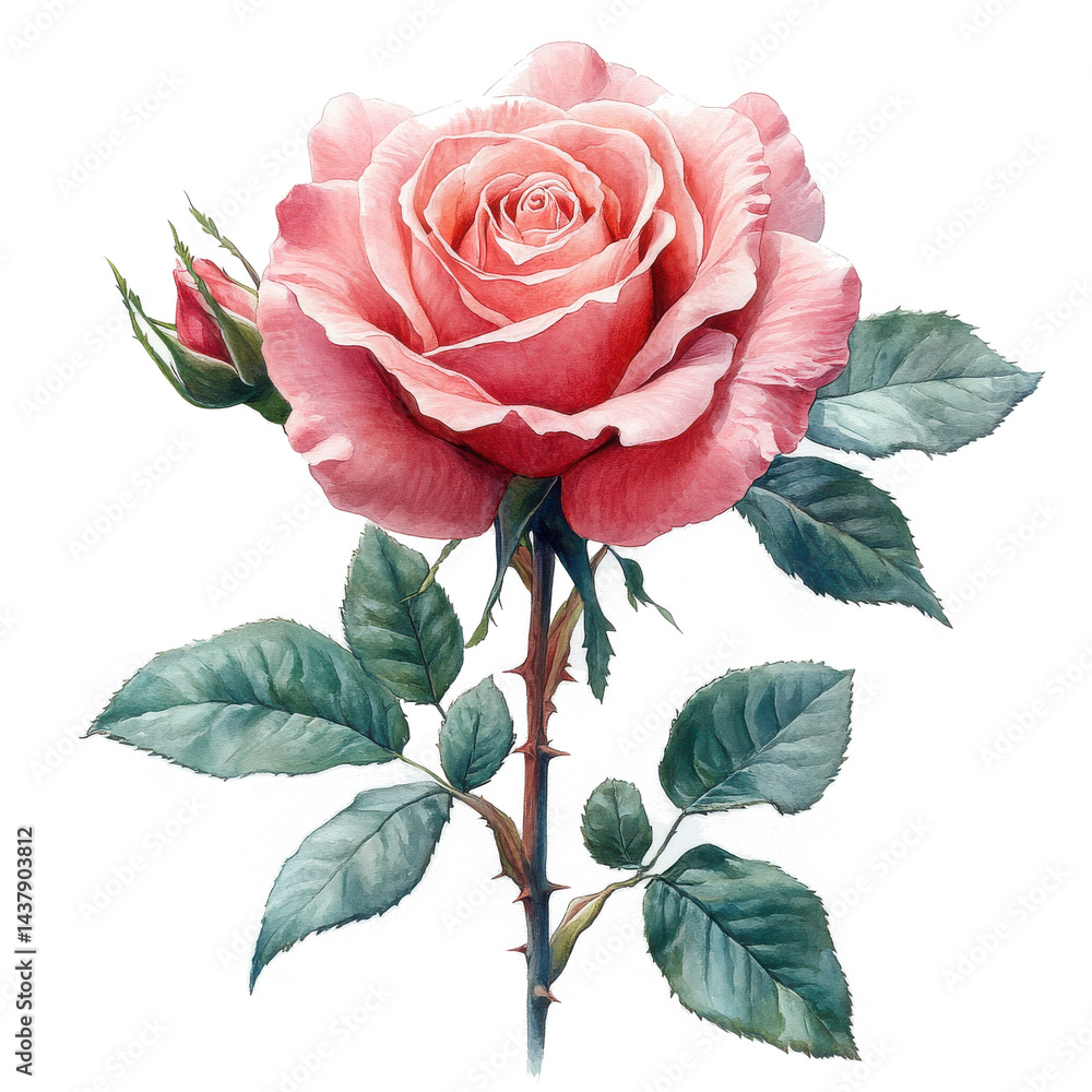 Fototapeta premium Elegant Pink Rose Bloom with Bud and Leaves Watercolor Painting Illustration