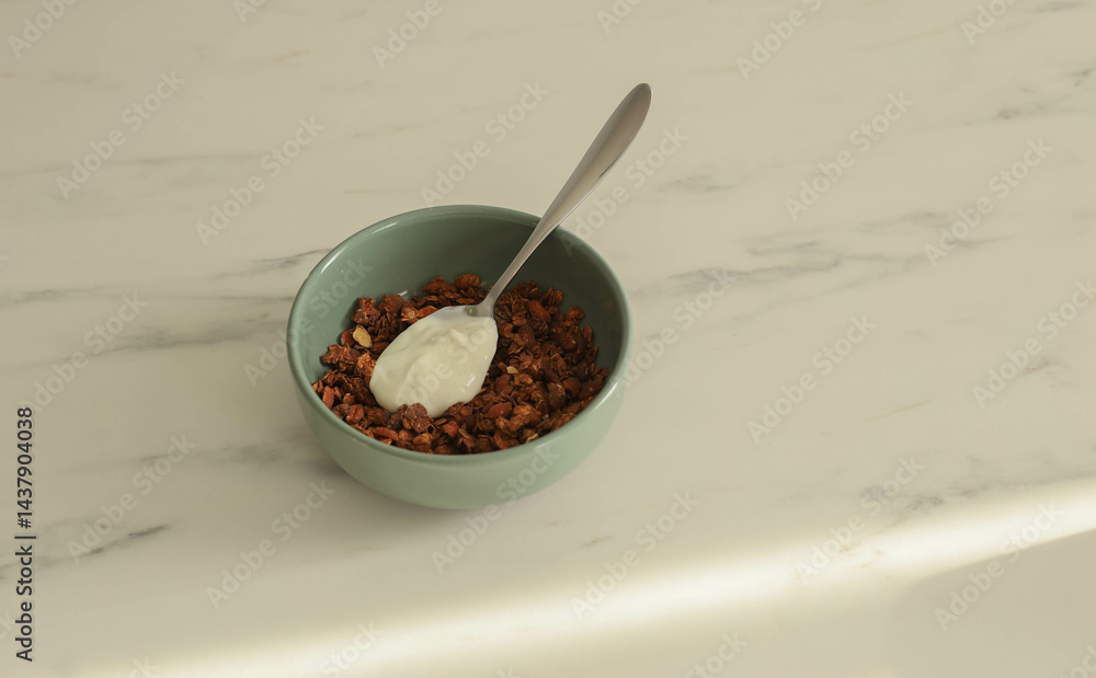 Granola with yogurt in a plate on the kitchen marble table, the concept of a healthy breakfast, front view Granola with yogurt in a plate on the kitchen marble table, the concept of a healthy breakfast, front view
