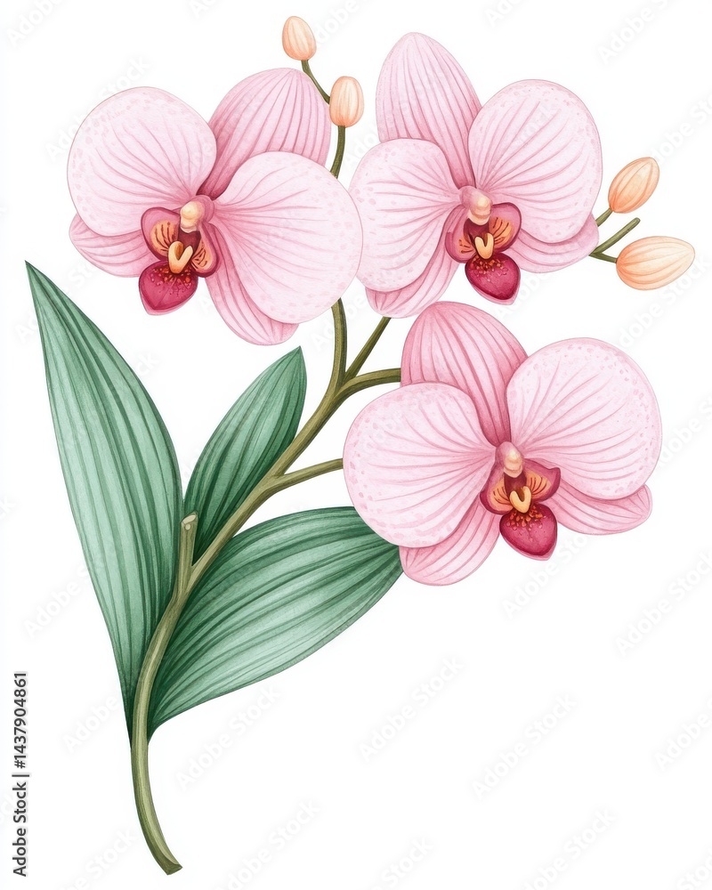 A delicate watercolor painting showcases a cluster of elegant pink orchids blooming gracefully on a lush green stem with leaves, creating a beautiful floral arrangement perfect for A delicate watercolor painting showcases a cluster of elegant pink orchids blooming gracefully on a lush green stem with leaves, creating a beautiful floral arrangement perfect for