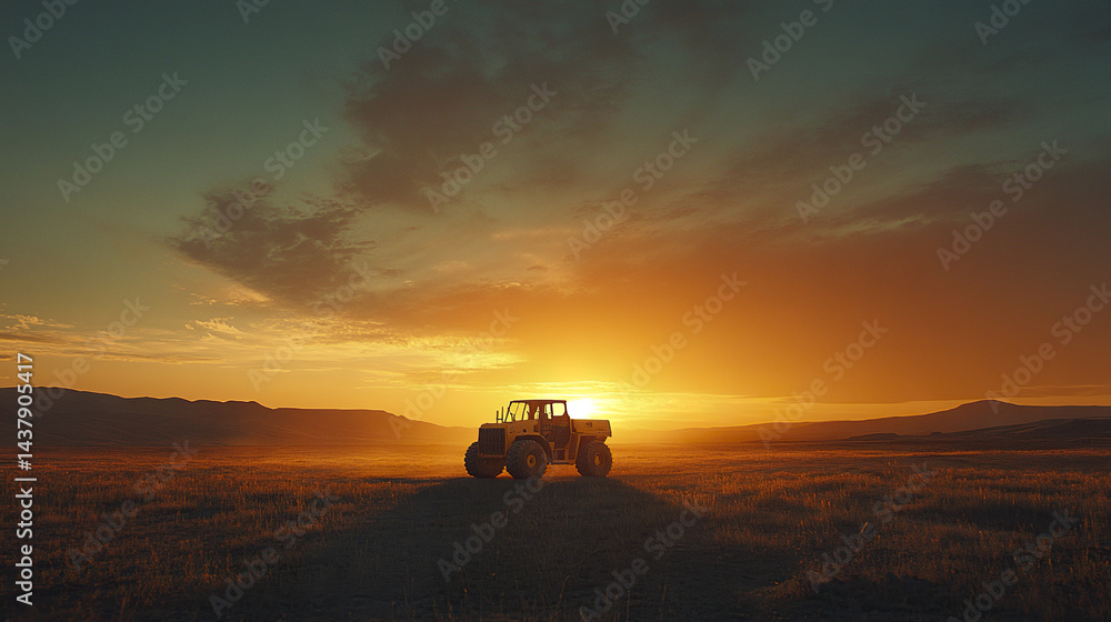 Fototapeta premium silhouette of large vehicle against stunning sunset in vast landscape