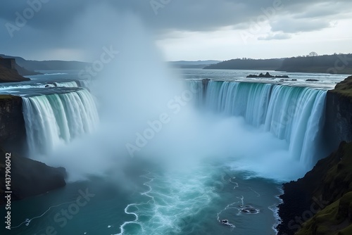 Crescent-shaped waterfall with mist clouds rising to meet stormy skies.
