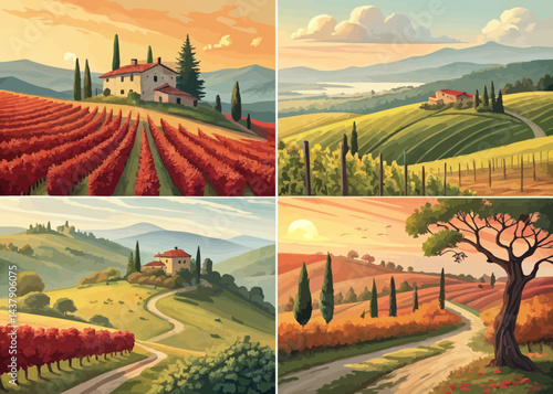 Four panels showcasing italian countryside with vineyards and charming houses in varied lightings
