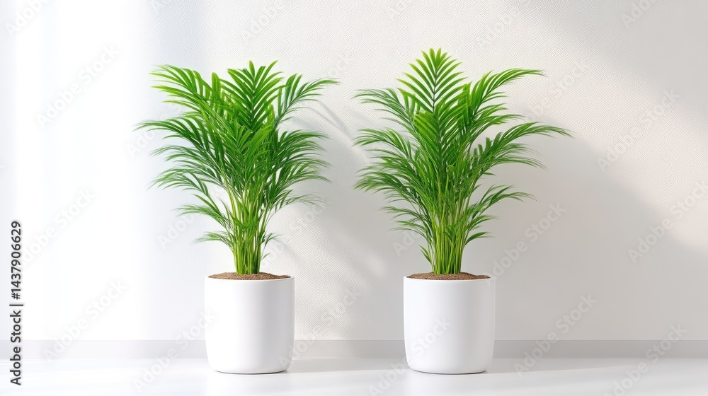 Parlor Palms in White Pots Minimalist Bright Lighting, Front View, Lush Foliage, Indoor Greenery, Serene Mood, Home Decor Inspiration, Soft Natural Light, Ideal for Interior Design Blogs Parlor Palms in White Pots Minimalist Bright Lighting, Front View, Lush Foliage, Indoor Greenery, Serene Mood, Home Decor Inspiration, Soft Natural Light, Ideal for Interior Design Blogs