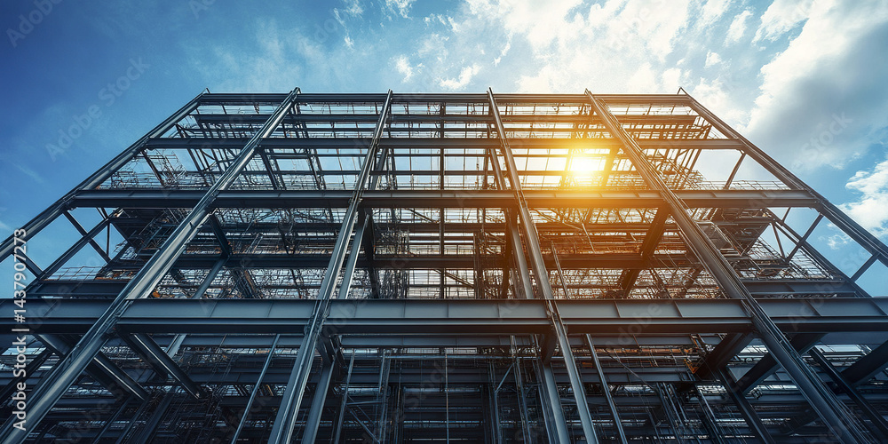 Fototapeta premium Modern steel frame structure under bright sky with sunlight shining through