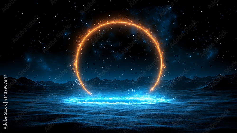 Obraz premium A glowing orange ring hovers above a blue, illuminated surface in a dark, starry landscape, creating a mystical and otherworldly scene