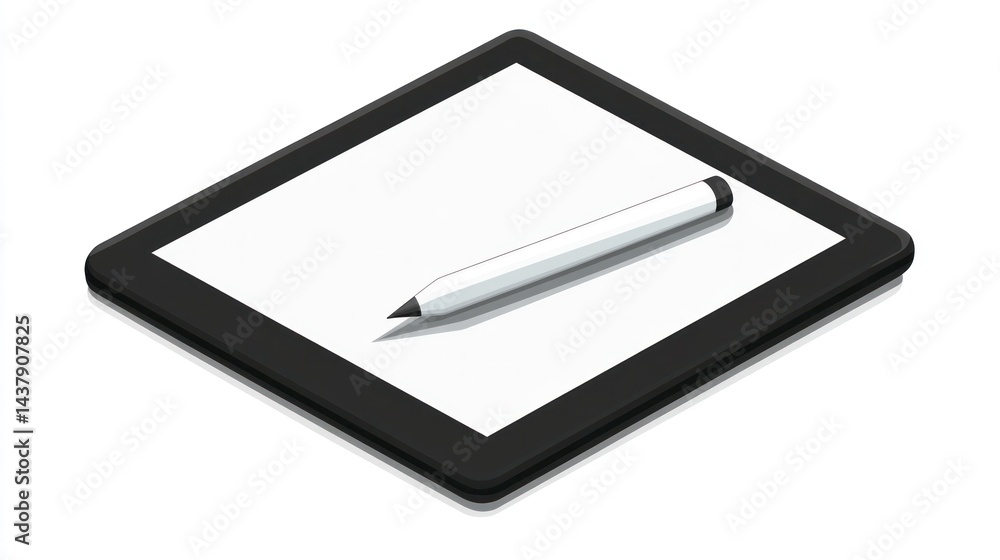 Digital pen rests on tablet; blank screen; white background; design concept Digital pen rests on tablet; blank screen; white background; design concept