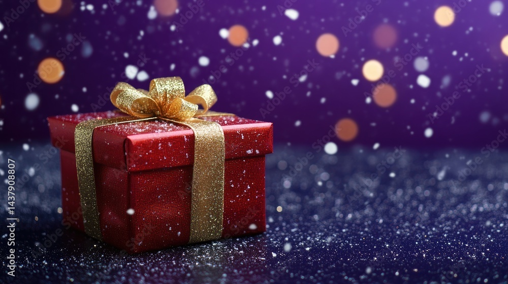 A vibrant red gift box, adorned with a golden ribbon bow, sits on a dark purple surface, amidst falling snowflakes and sparkling lights. The festive atmosphere evokes feelings of joy and celebration A vibrant red gift box, adorned with a golden ribbon bow, sits on a dark purple surface, amidst falling snowflakes and sparkling lights. The festive atmosphere evokes feelings of joy and celebration