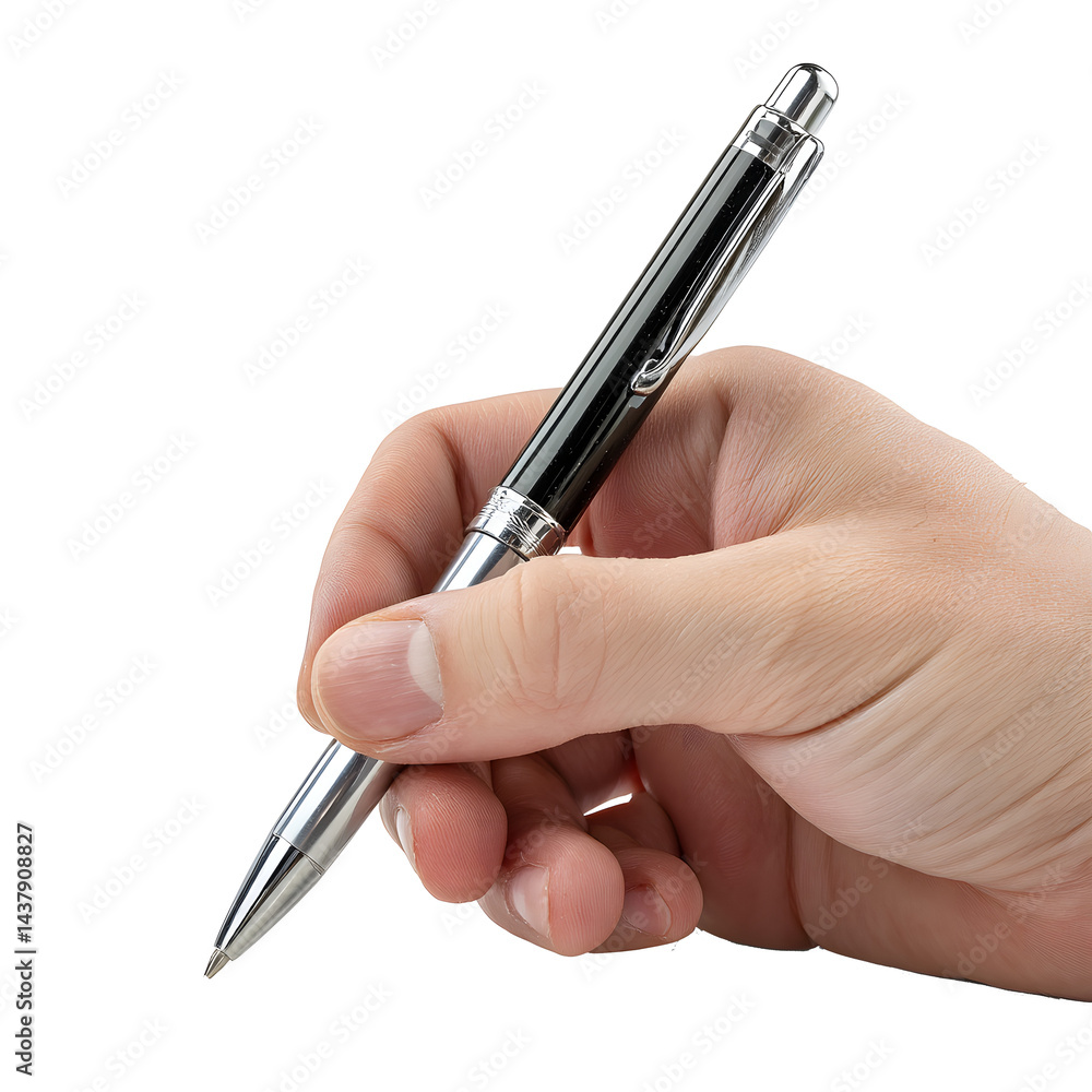 Close-up of a hand holding a black and silver pen. Close-up of a hand holding a black and silver pen.