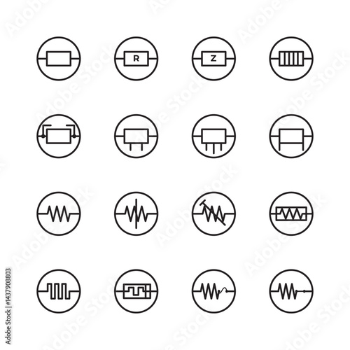 Collection of resistor icons in black outline style, featuring fixed, variable, thermistor, and other types. Ideal for electronics manuals, circuit diagrams, and engineering illustrations.