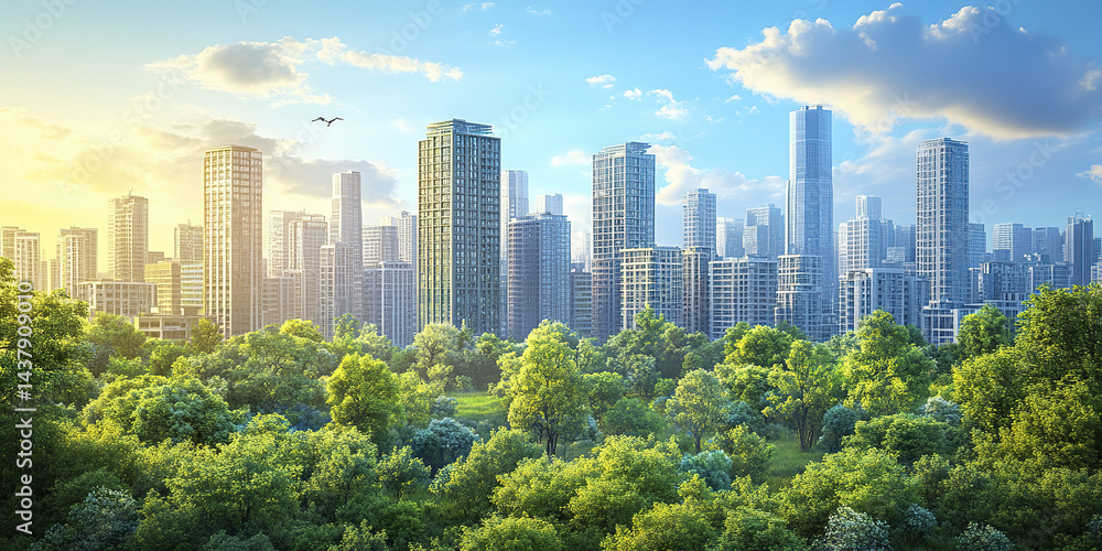Fototapeta premium vibrant cityscape featuring modern buildings surrounded by lush greenery, showcasing urban