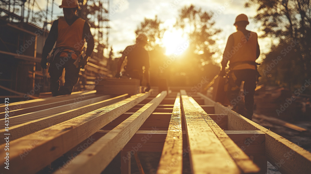 Naklejka premium Building team working with timber beams during sunset, showcasing teamwork and dedication