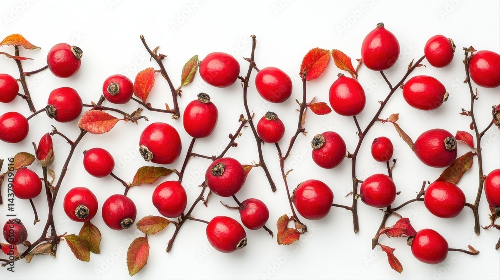 Red berries on branches with green and red leaves arranged beautifully on a white background for seasonal decor Red berries on branches with green and red leaves arranged beautifully on a white background for seasonal decor