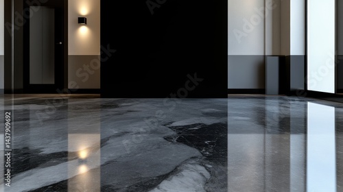 Polished, modern, epoxy floor.  Glossy, reflective, contemporary interior
