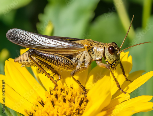 Wallpaper Mural A cricket resting quietly on a bright yellow flower, wings slightly open as it blends into the petals, with a soft background of green foliage. Torontodigital.ca