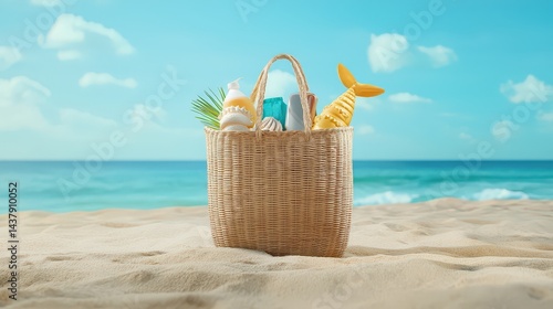 Wallpaper Mural Durable summer beach bag overflowing with essentials, resting on smooth sand, ready for a fun-filled coastal day Torontodigital.ca