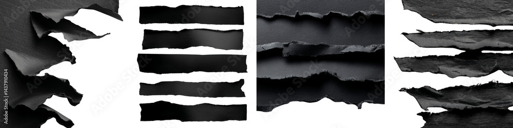 Collection of black ripped papers torn edges strips isolated on transparent or white background Collection of black ripped papers torn edges strips isolated on transparent or white background