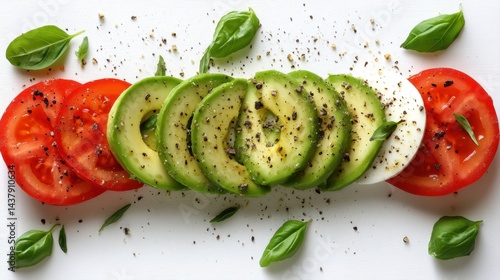 Fresh Caprese Salad Arrangement with Tomatoes, Avocado, Mozzarella, Basil, and Spices on White Surface