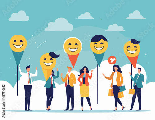 Employee satisfaction, workplace happiness or success team motivation, employee engagement or participation, feedback or company survey rating concept, business people employee with smile happy face.