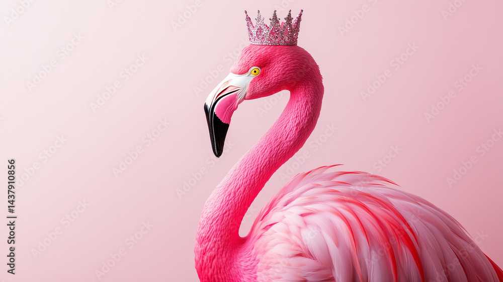 Naklejka premium postcard pink famingo, skornoy and hat, birthday, studio shooting, pink style, A cute pink flamingo wearing a party hat surrounded by pastel flowers on a soft pink background. Festive and whimsical 