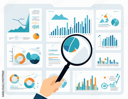 Analysis report research result, chart and diagram dashboard, financial graph statistics, analyze data, SEO or optimization concept, businessman with magnifying glass analyze research chart and graph.
