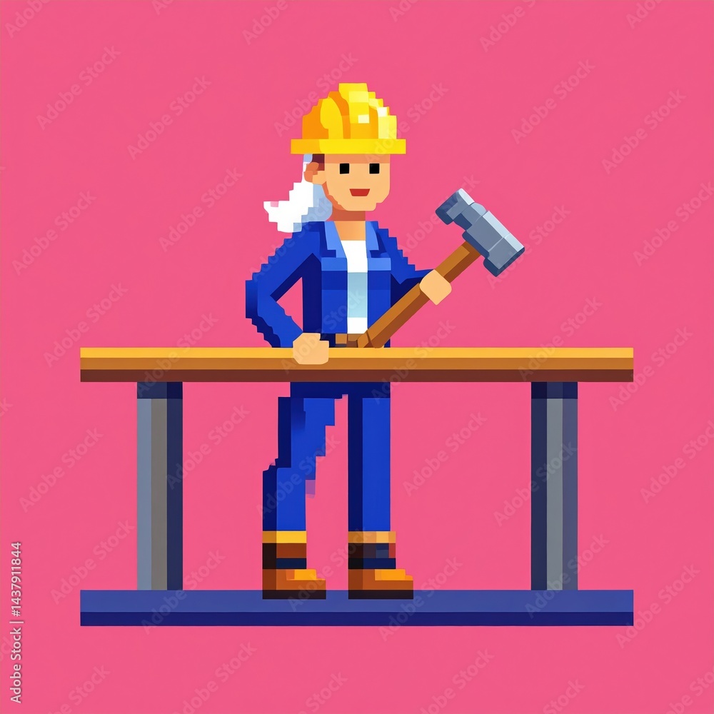 Pixel art female construction worker with hammer and hard hat on pink background Pixel art female construction worker with hammer and hard hat on pink background