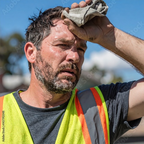 Caucasian male adult construction worker in high-vis vest wiping sweat on a sunny day