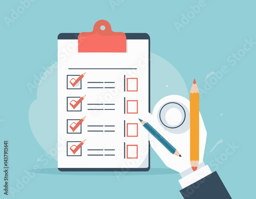 Checklist to complete project task, accomplish work checkmark, todo list clipboard or project status report, plan to finish work concept, business people holding pencil complete task checkbox.