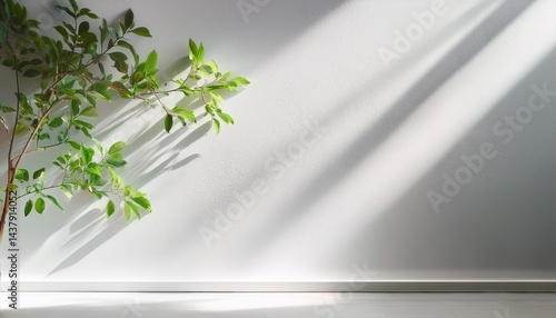 sunlit green branch casting shadow on white wall and floor empty space