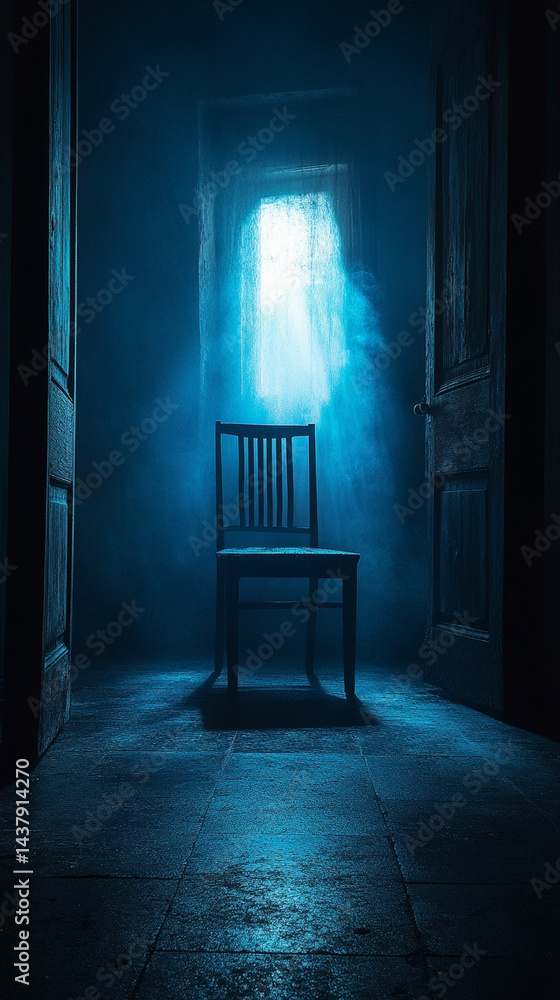Obraz premium Abandoned chair in a dimly lit, fog-filled hallway with a light source