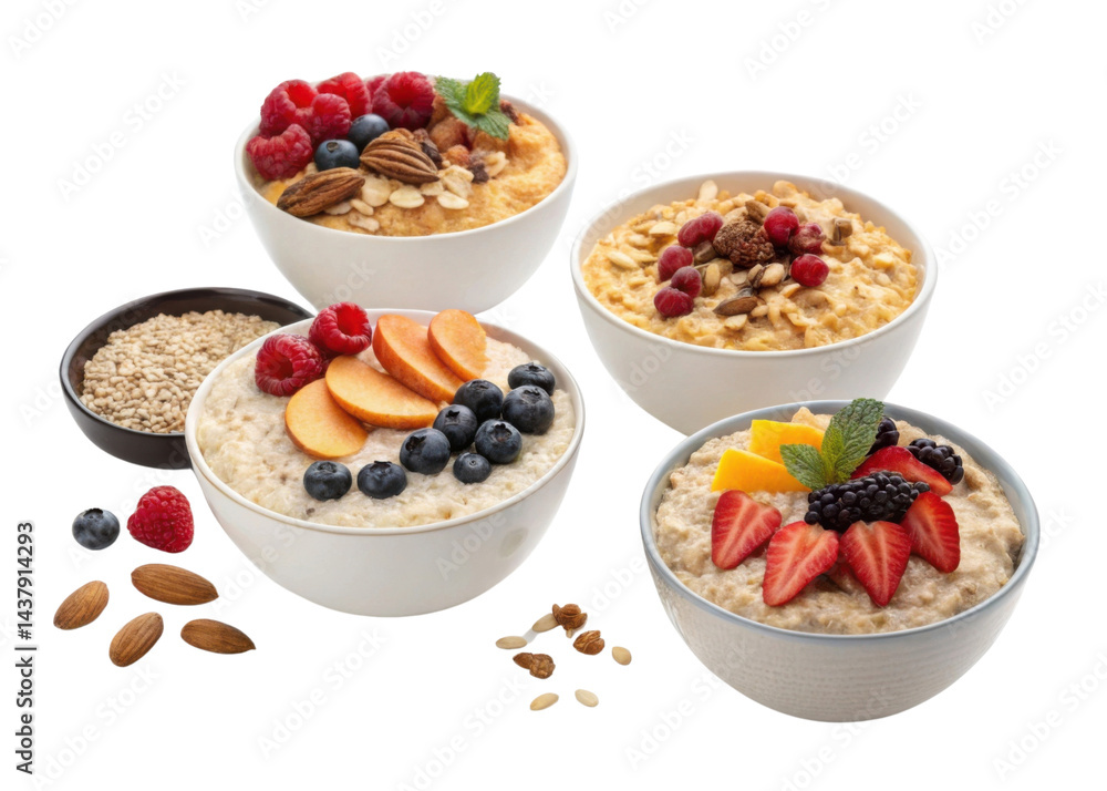 Instant oat bowls with fresh fruit and nuts cutout on transparency background showing healthy breakfast options Instant oat bowls with fresh fruit and nuts cutout on transparency background showing healthy breakfast options