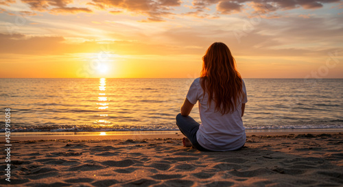 Fototapeta Naklejka Na Ścianę i Meble -  A calm image of someone sitting on the beach, watching the sun rise over the ocean