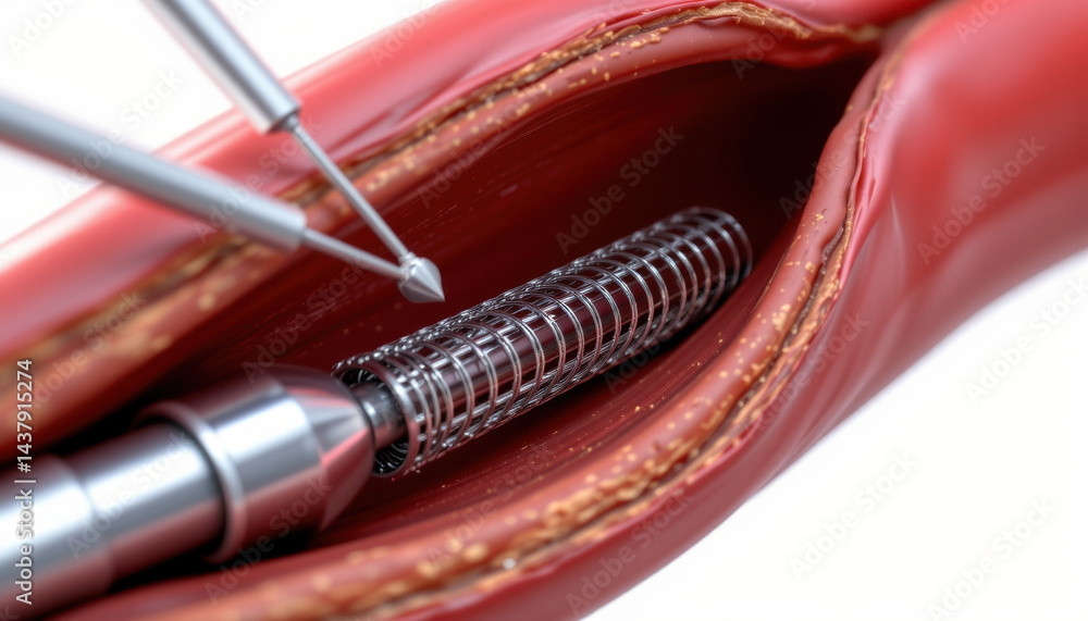 Naklejka premium Close up view of medical stent being placed inside blood vessel, illustrating surgical procedure