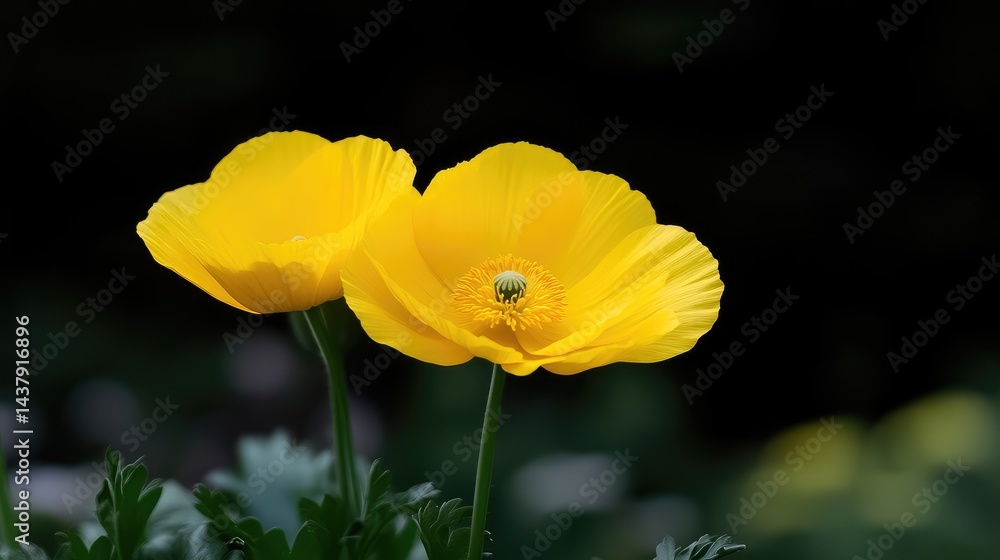 Fototapeta premium Two vibrant yellow flowers in a close-up shot, against a dark background. Their petals are soft and smooth, with a central, yellowish-green pistil. Small, dark green leaves surround the flowers