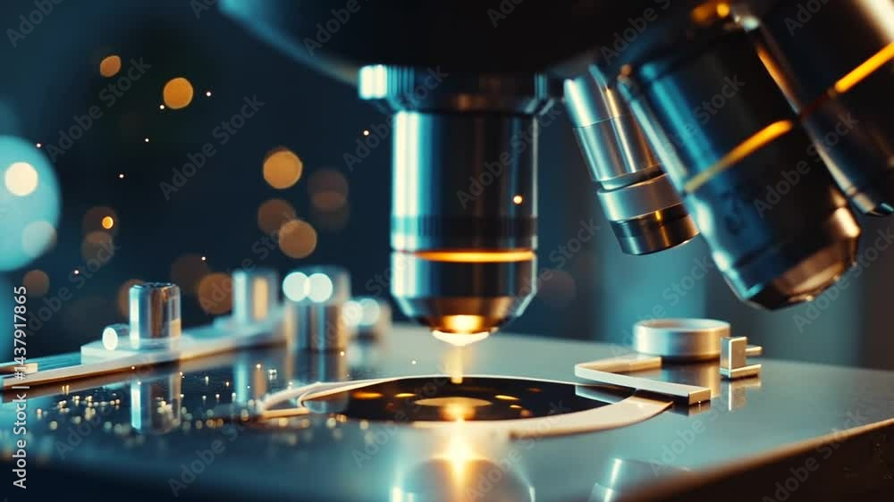 Close-up of laboratory microscope with bokeh and floating particles, scientific research Close-up of laboratory microscope with bokeh and floating particles, scientific research