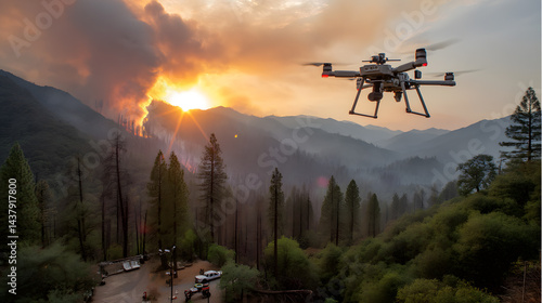 Drone Monitoring Wildfire in Forest at Sunset