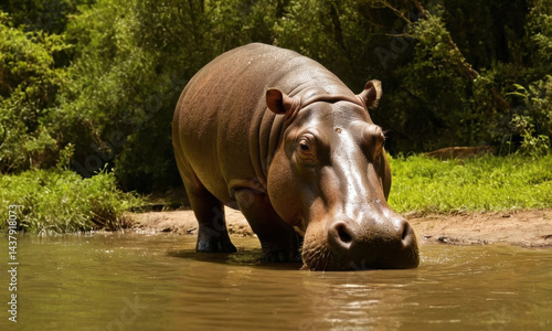 A hippopotamus standing in calm waters, great for nature or animal-themed illustrations