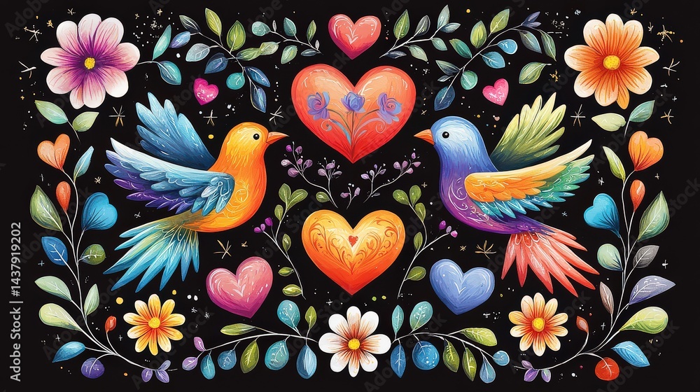 Fototapeta premium folk love symbols with vibrant hearts, birds, and flowers in Otomi style, scattered across a white canvas