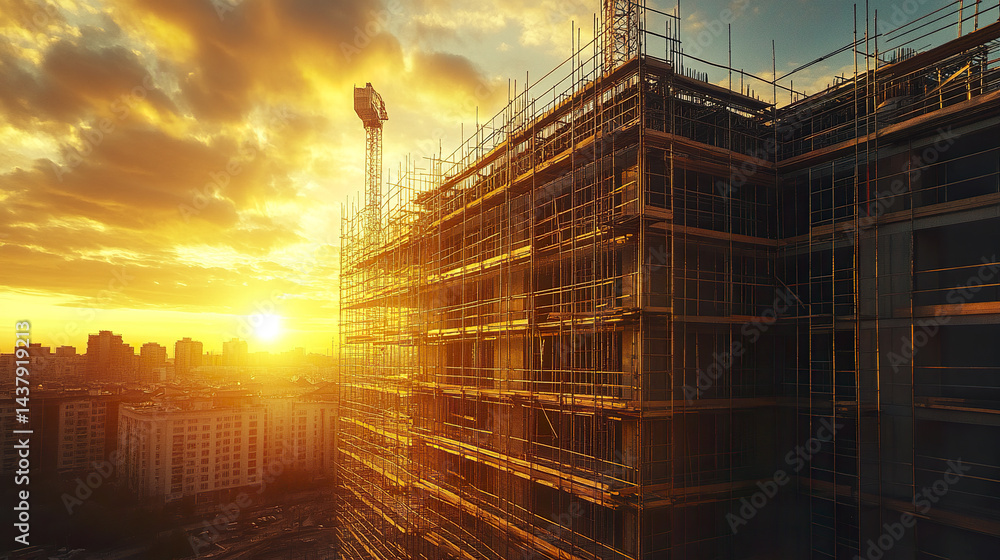 Obraz premium stunning sunset illuminates construction site with scaffolding, showcasing urban development