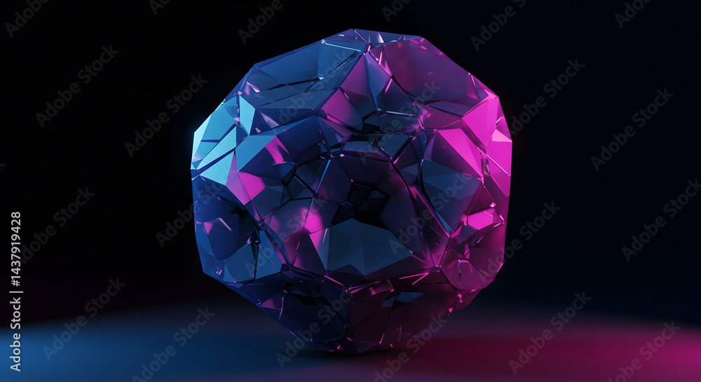 Futuristic Faceted Geometric Shape Illuminated with Neon Colors on Black Backdrop Futuristic Faceted Geometric Shape Illuminated with Neon Colors on Black Backdrop