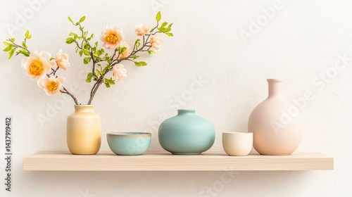 Wallpaper Mural Minimal floating shelves spaced evenly across a textured wall, styled with ceramics and soft lighting Torontodigital.ca