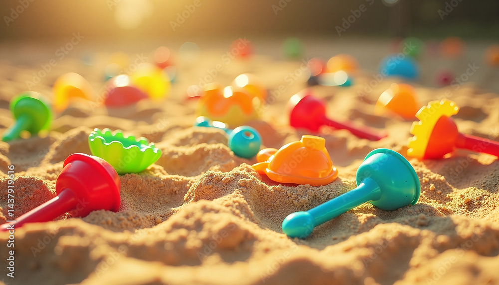Colorful sandbox toys on the sand for International Children's Day