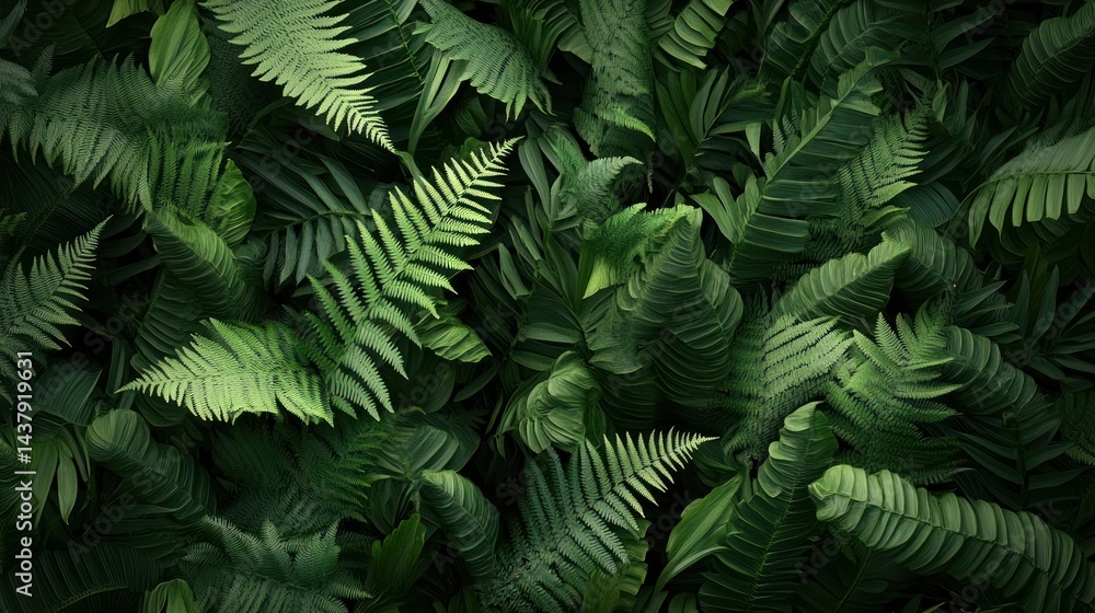 Obraz premium Lush green fern foliage in a dense tropical background.