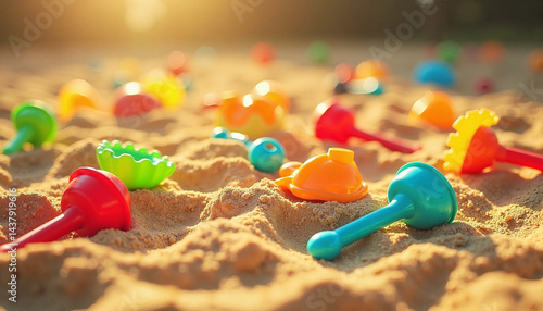 Obraz na płótnie Colorful sandbox toys on the sand for International Children's Day w salonie