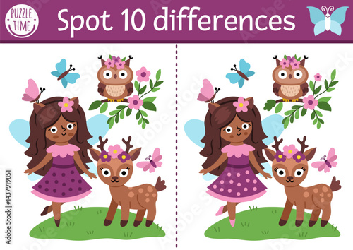 Find differences game for children. Fairyland educational activity with cute fairy and deer. Magic forest puzzle for kids. Fairytale printable worksheet, page for logic, attention with fantasy girl